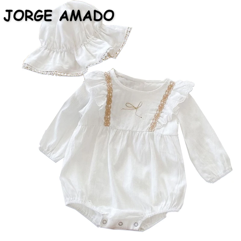 

2022 New Spring Baby Girl Bodysuit Flare Long Sleeves White Round Collar Cotton Jumpsuit+Cap Newborn Clothes E2533