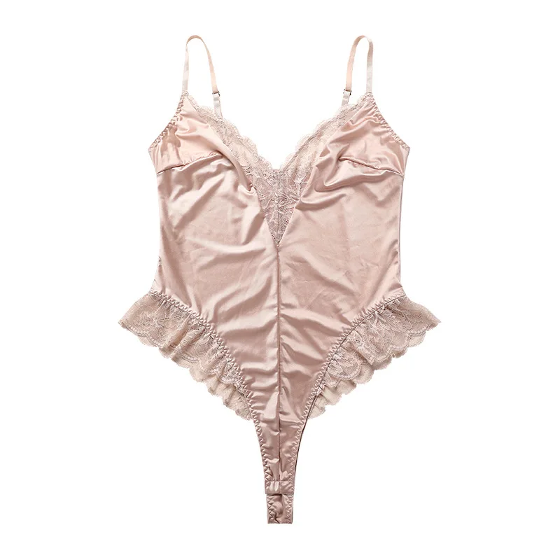 AMYQSL Sexy Lace Lingerie Set female Erotic Deep V Jumpsuit Ice Silk Quick Dry Polygathering Beauty Back Shapewear