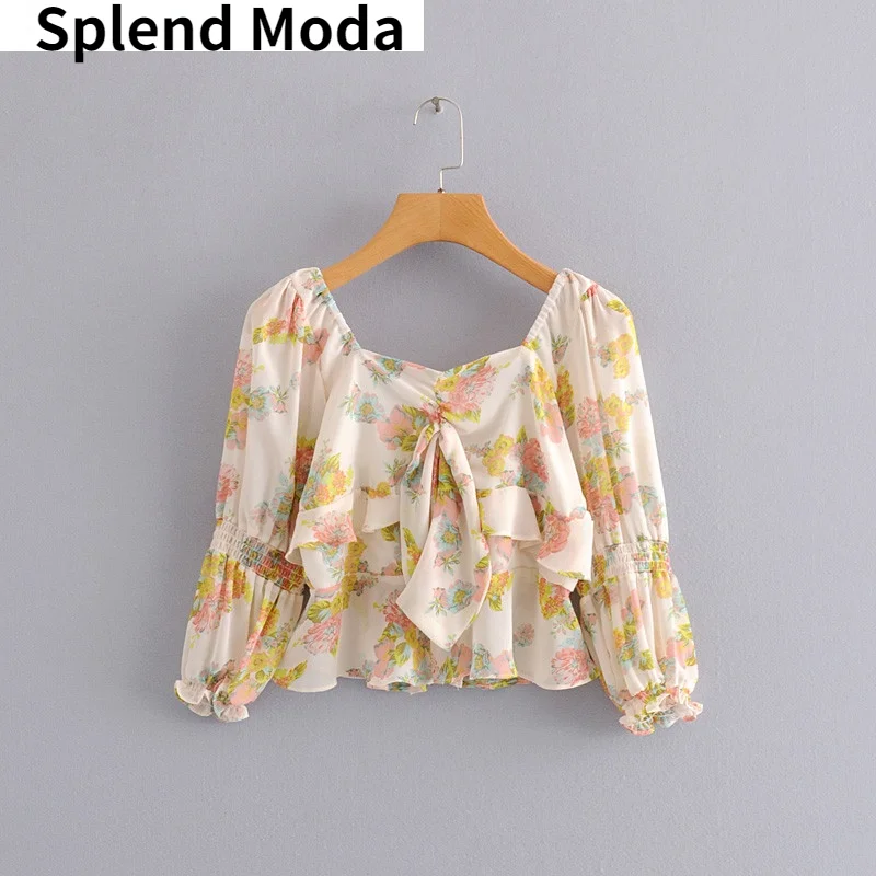 

Spring Autumn 2022 New Hedging V-Neck Knot Sexy Backless Elastic Pleated Print Ruffled Puff Long-Sleeved Blouse Crop Top Women