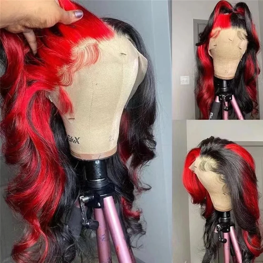 Ombre Highlight Red Black Colored Wigs Body Wave Human Hair Pre Plucked 13x4 Lace Front Wigs Hd Transparent Lace Frontal Wig
