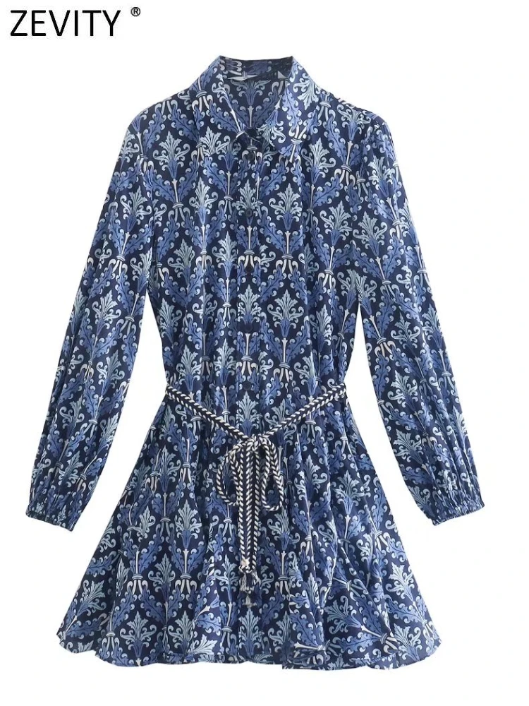 

ZEVITY Women Vintage Court Flower Print Mini Shirt Dress Office Lady Chic Long Sleeve Lace Up Big Swing Vestidos Mujer DS9375