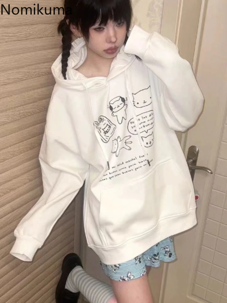 

Женская толстовка с капюшоном, с мультяшным принтом кошки