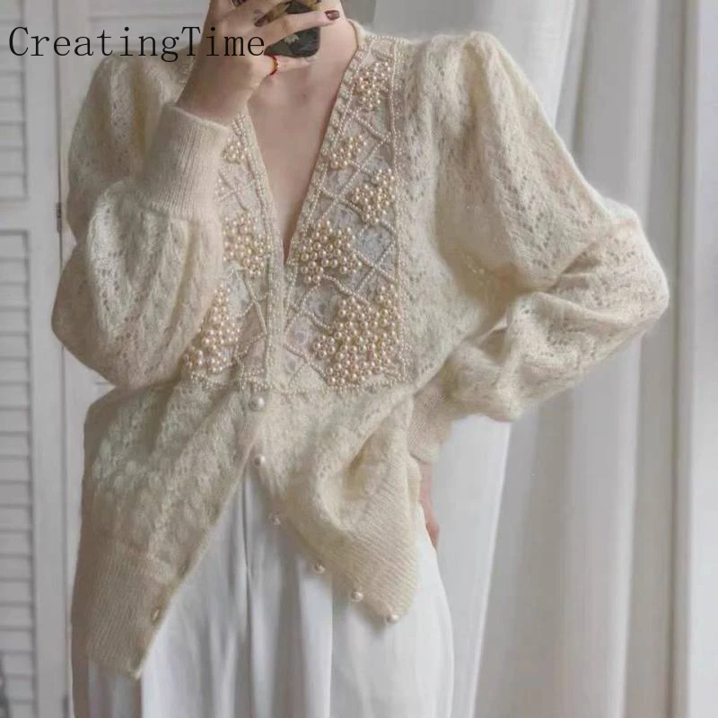 

Vintage Elegant Pearls Mosaic Knitted Cardigan Mohair Sweater Coat Women's 2022 Autumn V-neck Lazy Style Hollow Out Top LH649