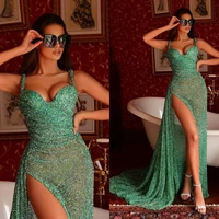 sexy beach green sequins prom dresses sleeveless long length evening dresses sexy high side split celebrity party prom gowns