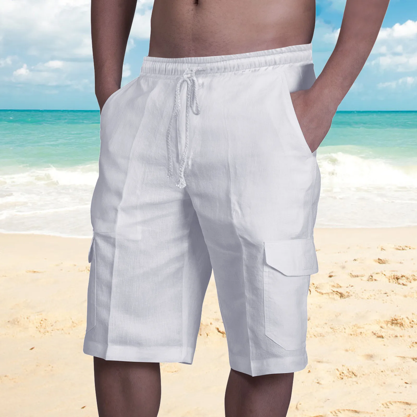 

Брюки-Капри мужские из хлопка и льна, повседневные штаны свободного покроя с кулиской, Пляжная уличная одежда, трендовые прямые брюки, лето