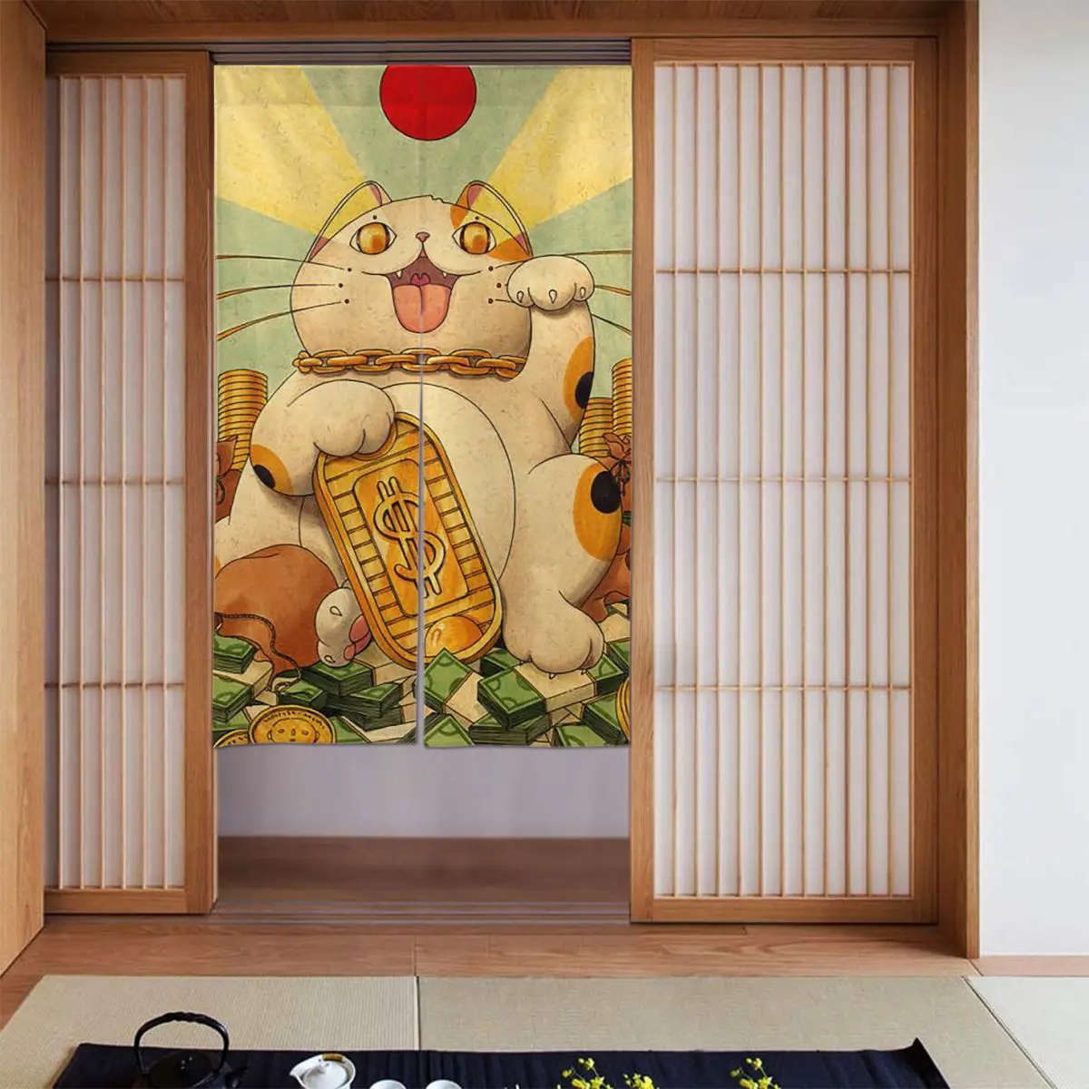 

Japanese Lucky Cat Door Curtain Maneki Neko Fortune Separate Tapestry Cotton Linen Novelty Curtain Panels for Entrance Home Gift