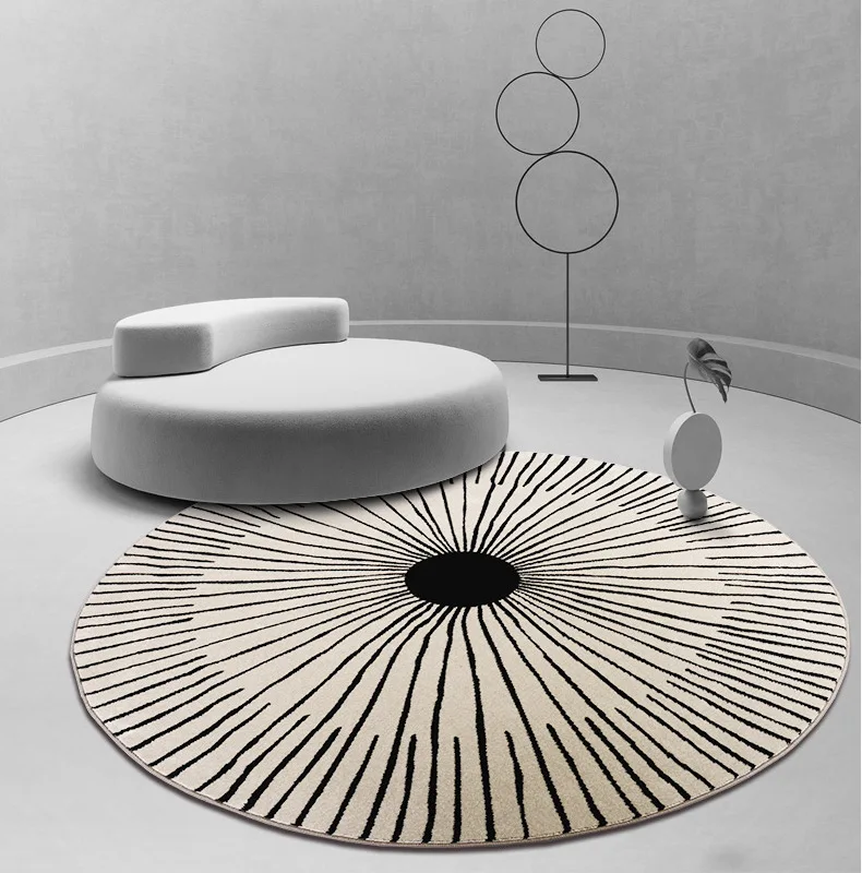 

Modern Round Rug Living Room Geometric Black And White Minimalist Line Circular Floormat Bedroom Carpet Soft Fluffy Rug Faux Fur