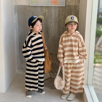 2022 autumn new children clothes sets casual striped hooded two piece fashion girls loose long sleeve sweatshirt pants boys suit