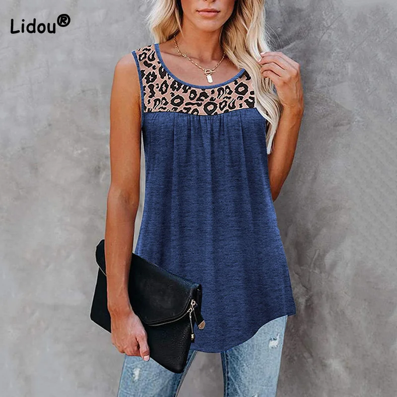 

Топ женский с леопардовым принтом, повседневный Свободный пуловер без рукавов, топ с круглым вырезом, модная майка контрастных цветов, на ле...