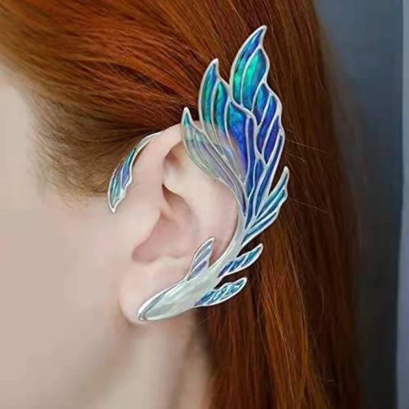 

Luxury Blue Painted Elf Ear Cuffs for Women Fish Animal Clip on Earrings Fairy Wings Without Piercing Earrings Wedding Jewelry