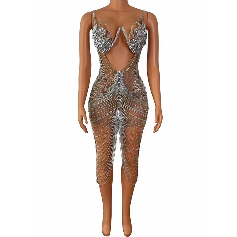 

Стразы сексуальное роскошное Серебряное платье с кристаллами цепочки для дня рождения вечеринки выпускного вечера выступления танцевальн...