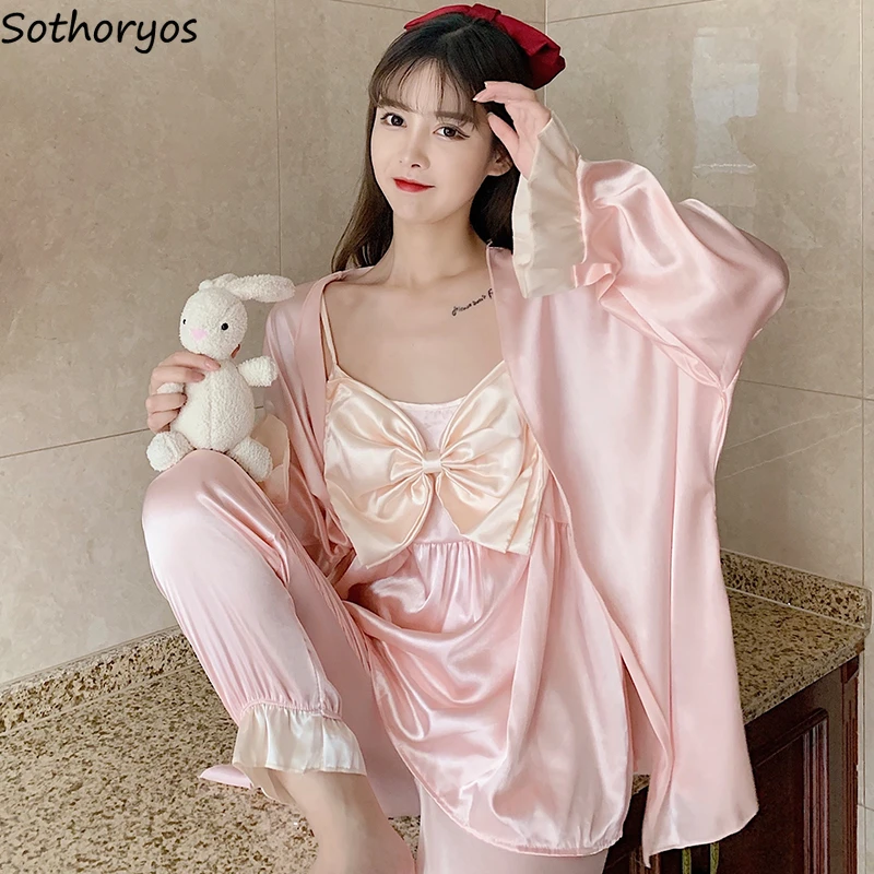 

Women Pajama Sets Sweet Simple Kawaii Cozy Korean Style Homewear Females Gentle Kawaii Spring Autumn Ice Cozy Long Sleeve 3 Pecs