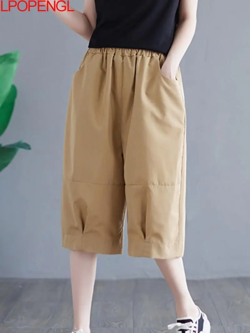 

Women Summer Cotton Wide Leg Pants Casual Pants New Simple Style Solid Color Elastic Waist Loose Female Pocket Knee Length Pants