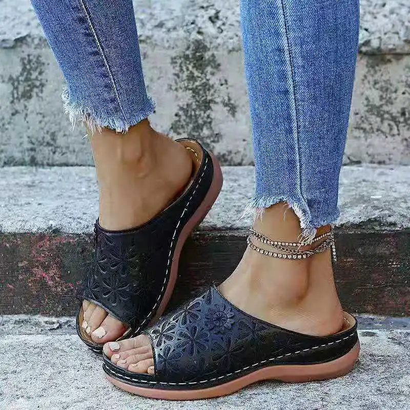 

2022 New Summer Women Wedge Sandals Orthopedic Open Toe Sandals Vintage Anti-slip Leather Casual Female Platform Retro Shoes
