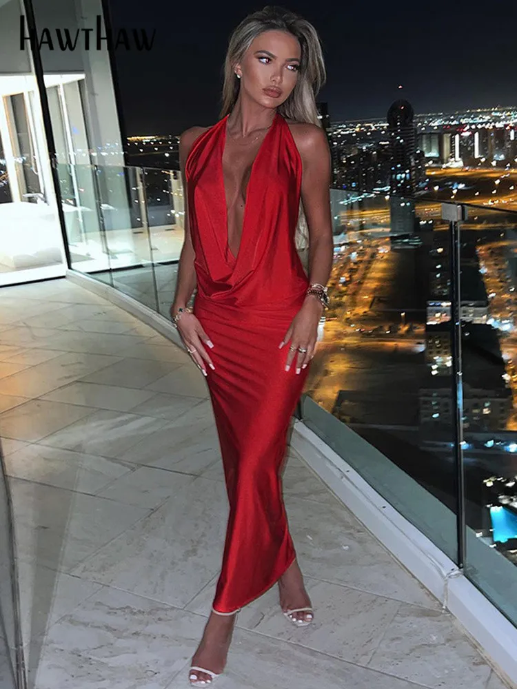 Hawthaw Women Sexy Halter V Neck Party Club Evening Bodycon Backless Long Dress Streetwear 2022 Summer Clothes Dropshipping