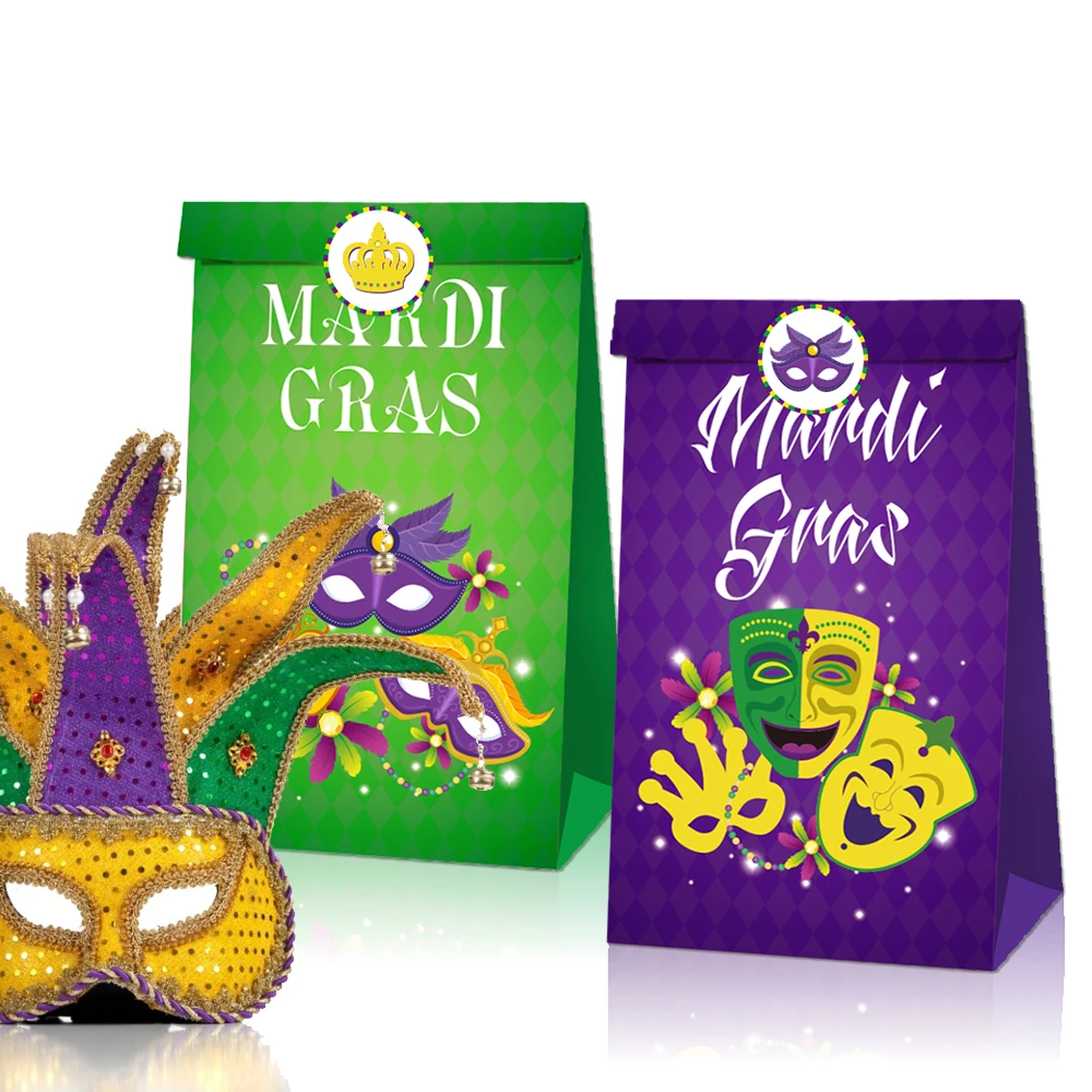 

LB056 12Pcs American Mardi Gras Carnival Birthday Party Candy Biscuit Kraft Paper Gift Bags with Stickers Masks Festival Party