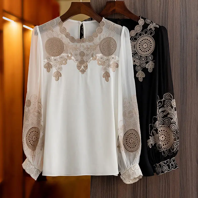 

Imitation silk blouse female 2022 spring new hollow embroidery design foreign style imitation mulberry silk white blouse top
