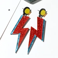 retro large red or blue glitter lightning bolt earrings for women girls 80 theme party concert festival jewelry laser cut bolt