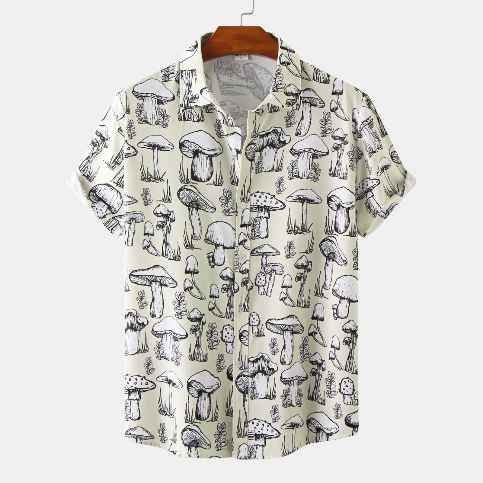 

One Sleeve Shirt Male Summer Casual Mushroom Printed Shirt Short Sleeve Turn Down Collar Shirt Men Causal Shirts