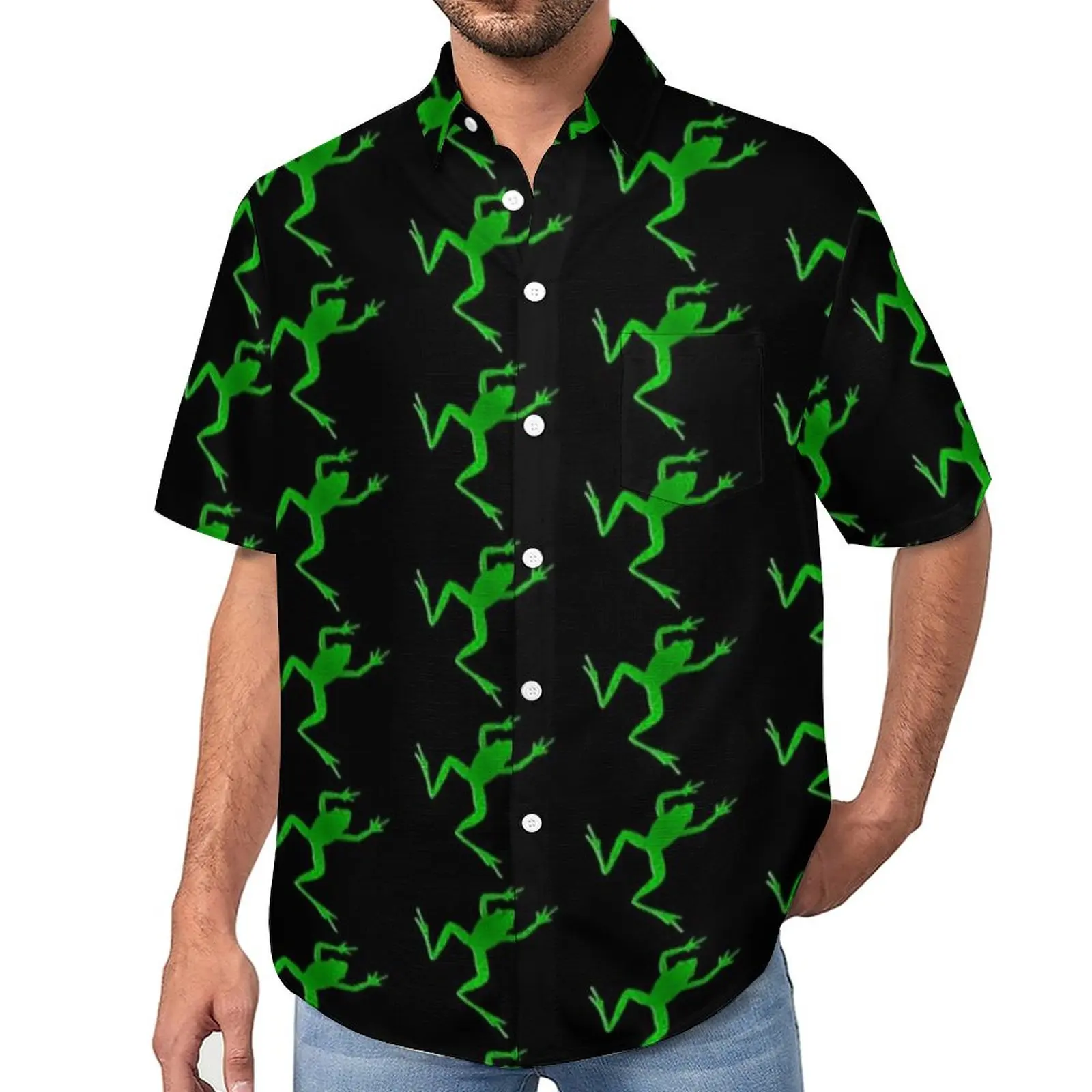 

Green Frog Print Casual Shirts Jumping Animal Vacation Shirt Hawaii Retro Blouses Mens Printed Large Size