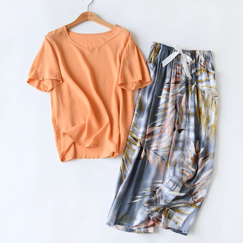 

New Women Comfort Rayon Pajamas Set Loose Thin Wide Leg Floral Printed Short Sleeve+Pants 2Pcs Ladies Household Sleepwear