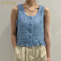 f girls versatile tweed vest women summer square collar single breasted top 2022 new korean chic simple tassel fashion tops