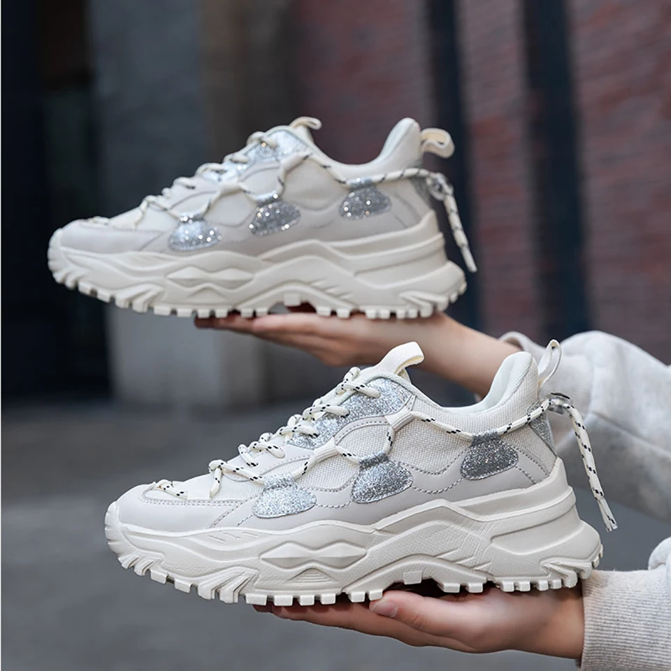 Loekeah Fashion Casual Shoes For Men Women Lace-Up Clunky Sneaker Breathable Light Couple Mesh Walking Footwear Outdoor  Sports