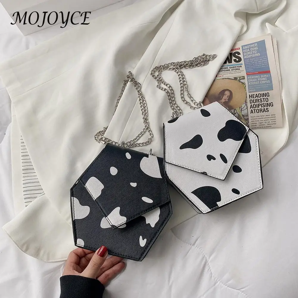 

Exquisite Hexagon Messenger Bags Small Cow Printing PU Leather Crossbody Bag Casual Women Chain Small Handbags