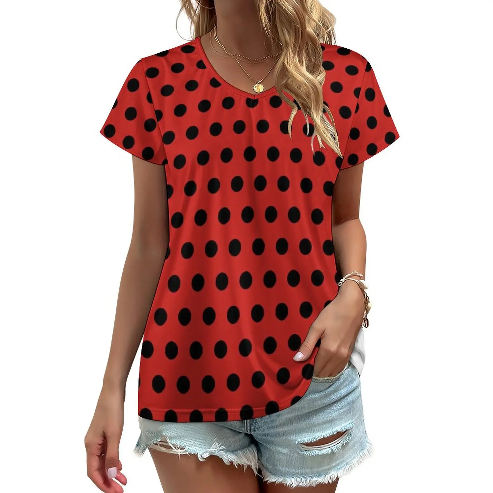

Red And Black Polka Dot T Shirt Polkadots Vintage Aesthetic V Neck T-Shirts Korean Fashion Tee Shirt Beach Graphic Tees Big Size