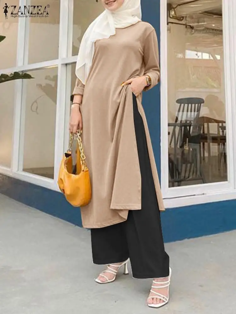 

ZANZEA Fashion Muslim Blouse Suit Abayas For Women Long Sleeve Shirt Causal Pantsuits Turkey Abaya Solid Tracksuit Matching Sets