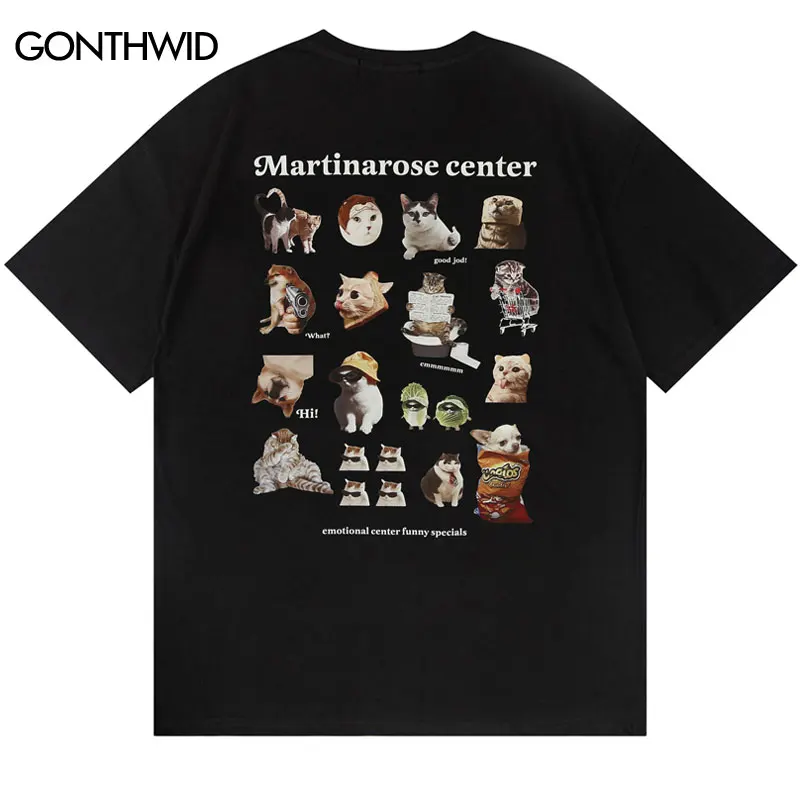 

Футболка мужская в стиле Харадзюку, уличная одежда, смешной принт с кошками, короткий рукав, модная повседневная хлопковая рубашка свободного покроя, на лето