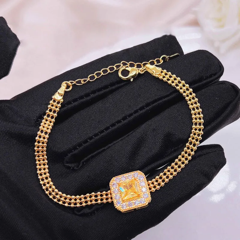 

KOFSAC Women Luxury Vintage Beads Geometric Gold Color Bracelets Charm 925 Silver Jewelry Shiny Zircon Yellowe Square Bracelet