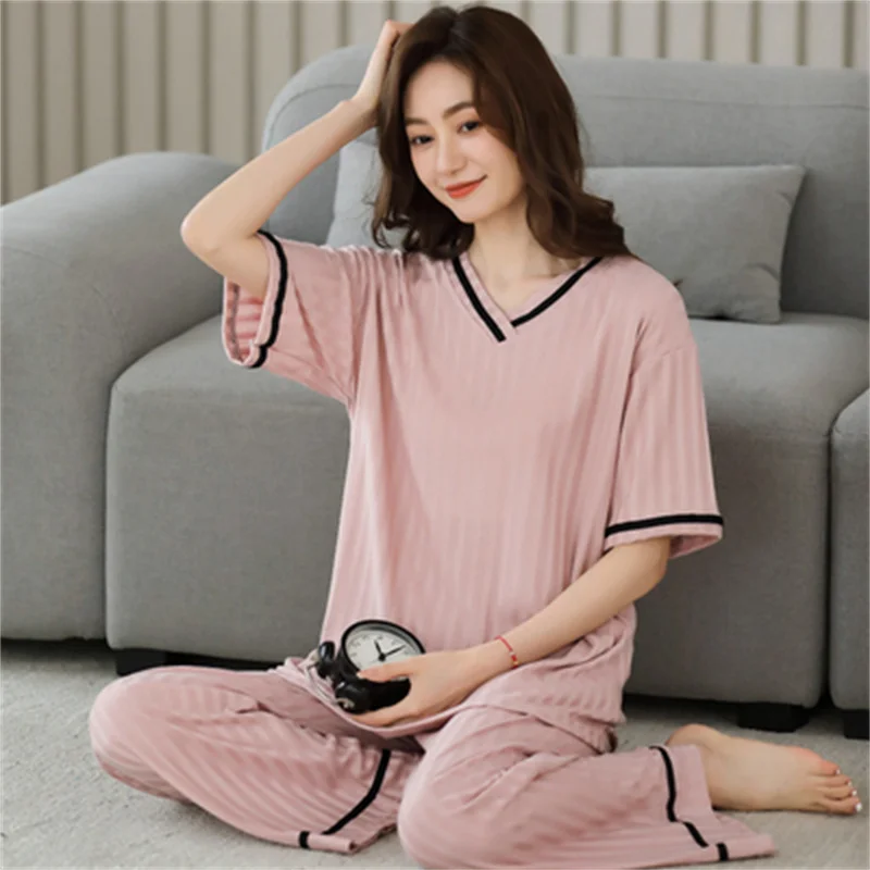 Cute Pajamas Set Soft Sleepwear For Women Elastic Cotton Pyjama Women's Sweet Cartoon V-Neck Homewear Clothes Big Size