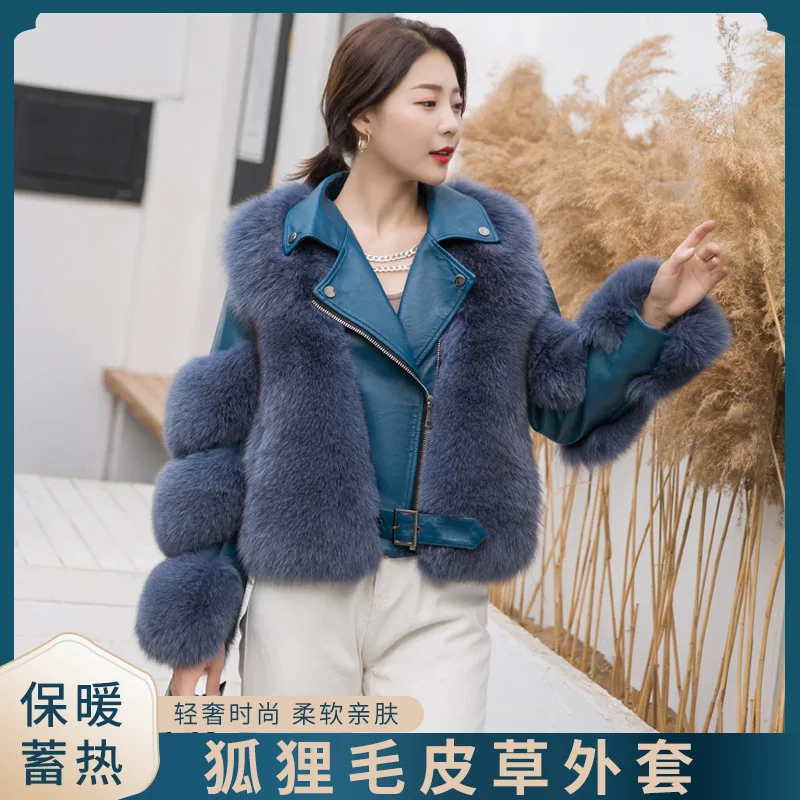 Winter Fashion Women's Real Fox Fur Jacket with Real Sheepskin Leather Full Leather Natural Fox Fur Jacket Luxury Biker Jacket