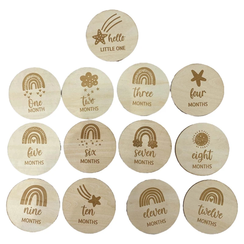 

13 Pcs/Set Rainbow Milestone Baby Wooden Cards Teether Newborn Birthday Monthly Recording Birth Anniversary Cards Gifts