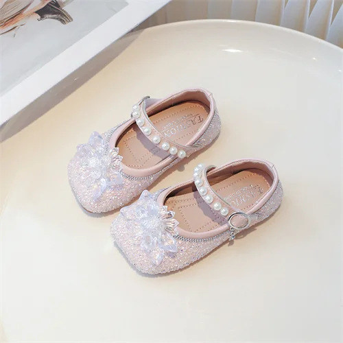 Кожаные Туфли Для Девочек Розового/коричневого Цвета С Жемчужными Цветами И