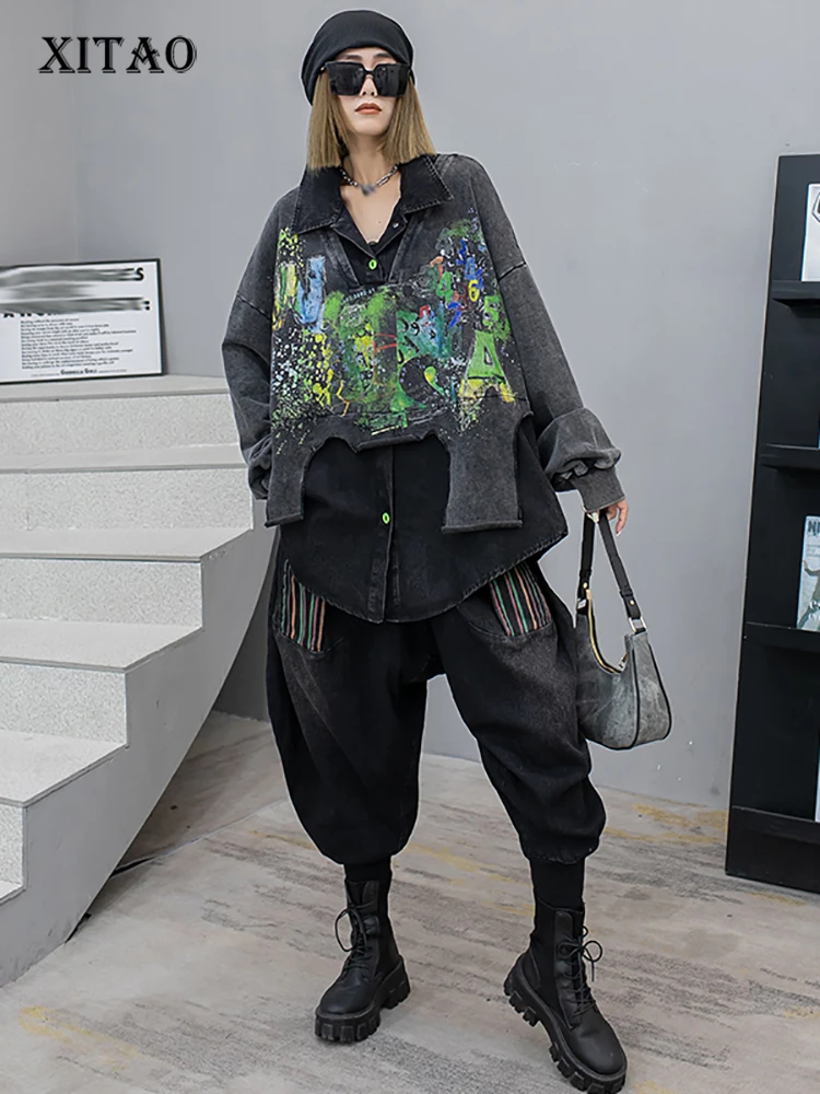 

XITAO Vintage Denim Two Pieces Sets Loose Fashion Street Trendy Contrast Color Patchwork Personality Pants Sets WLD16227
