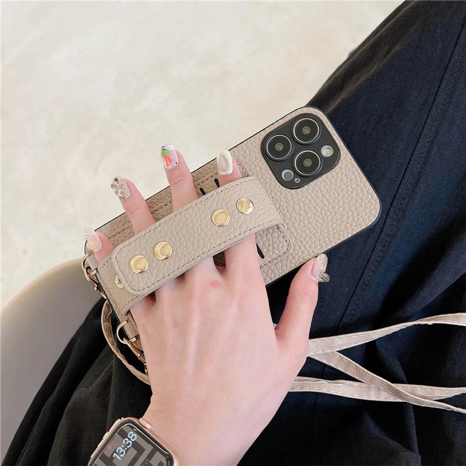 

Pu Leather Card Holder Slot Case for iPhone 14 Pro Max Plus with Kickstand Retro Matte Phone Cover with Crossbody Wrist Strap