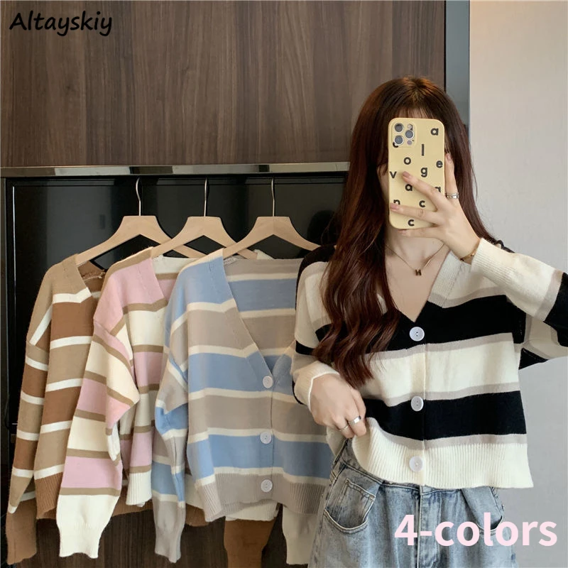 

Женский Кардиган в полоску, Простой повседневный Свободный Кардиган с V-образным вырезом в Корейском стиле, весна 2022