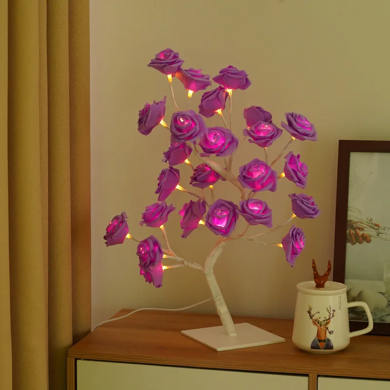 

24 LED Rose Flower Tree Lights USB Table Lamp Fairy Maple Leaf Night Light Home Party Christmas Wedding Bedroom Decoration Gift