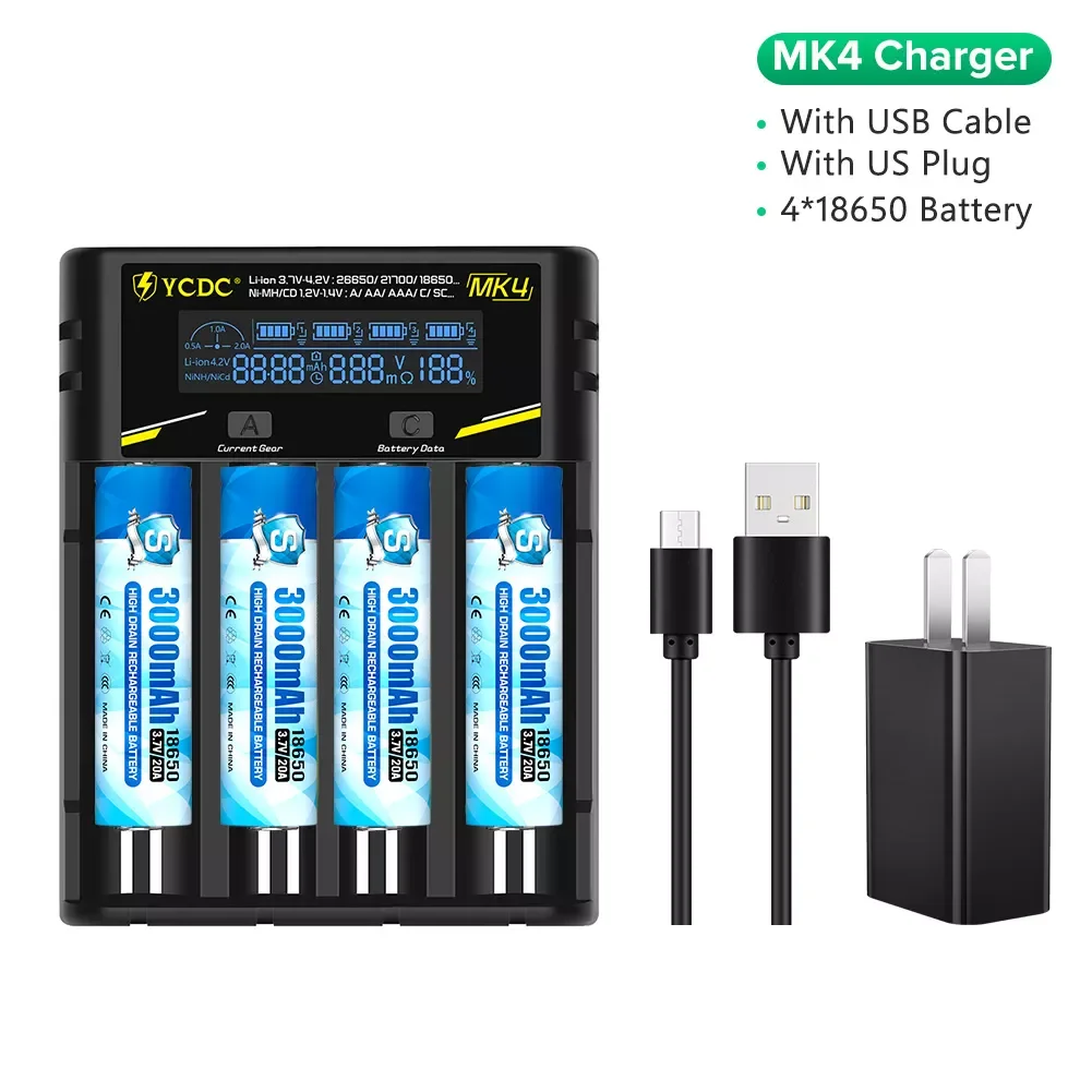 

YCDC 2/4 Slots USB Charger Smart Charging 18650 26650 14500 AA AAA Charger With 2/4 Pcs High Drain 3000mah 20A Max 18650 Battery