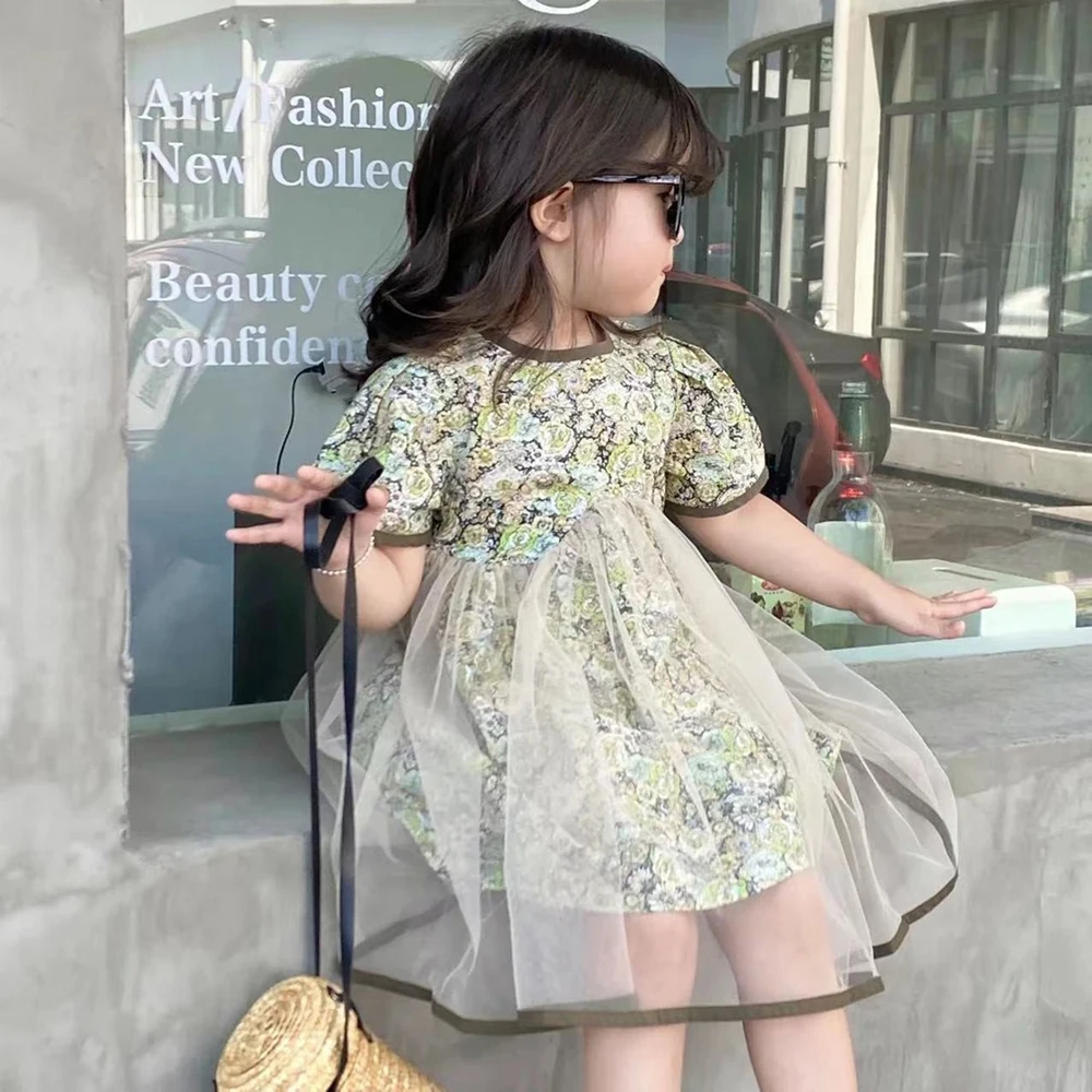 

Корейское платье для девочек с цветами, платья для маленьких девочек, Сетчатое Цветочное платье для девочек, летняя одежда, повседневный костюм, детская одежда, платья