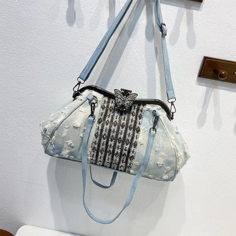 

YUOCL Denim bag for women free shipping 2022 shoulder bag fashion ladies Rhinestone butterfly clip large capacity shell bag