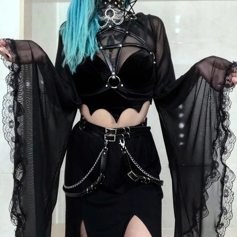 Эмо Женская Сексуальная готическая Черная летучая мышь из латекса PU Camis с