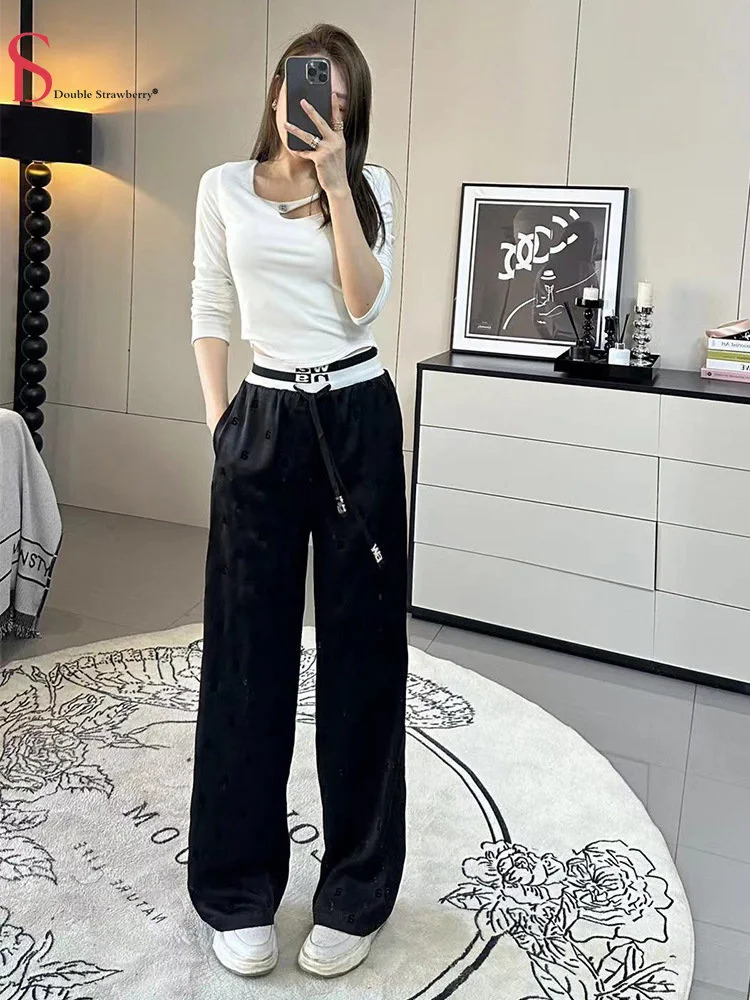 

Stain Aw Women's Wang Letter Woven Waist Casual Pants with High Drape Acetic Acid Satin Wide Leg