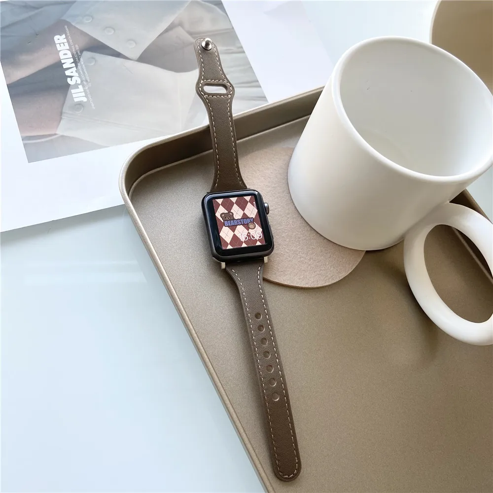 Кожаный ремешок для Apple watch band 40 мм 44 45 41 38 42 тонкий браслет часов iWatch series 7 6 5 3 8 ultra 49