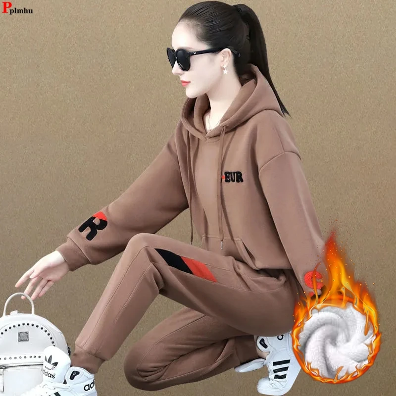 

Winter Loose 2 Pieces Sets Hooded Plush Lined Tops Outfit High Waist Ankle Length Baggy Harem Pant Suits Thick Warm Tracksuit