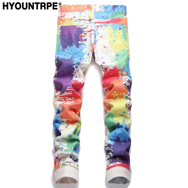 Fashion Colorful Graffiti Printed Jeans Printed Denim Pants Men Biker Zipper Jeans Streetwear Slim Fit Y2k Hip Hop Pants Joggers