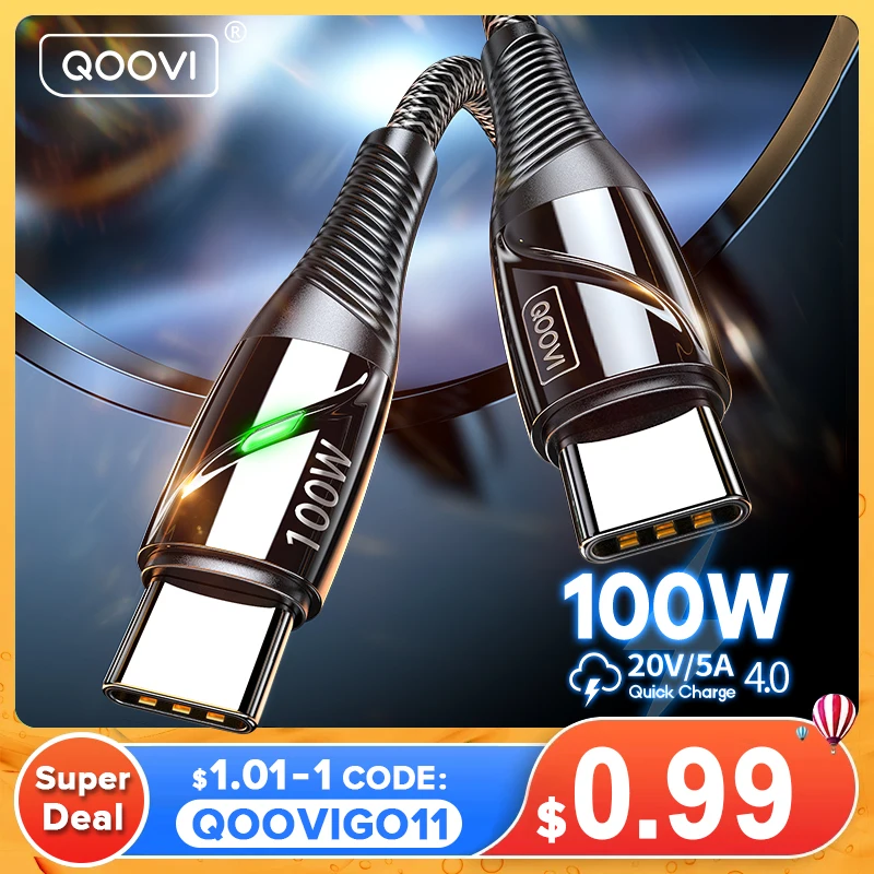  QOOVI 3M PD 100W USB C to USB Type C Cable For Macbook Laptop USB-C Charger Fast Charging For Xiaomi Huawei Samsung Charge Cord 