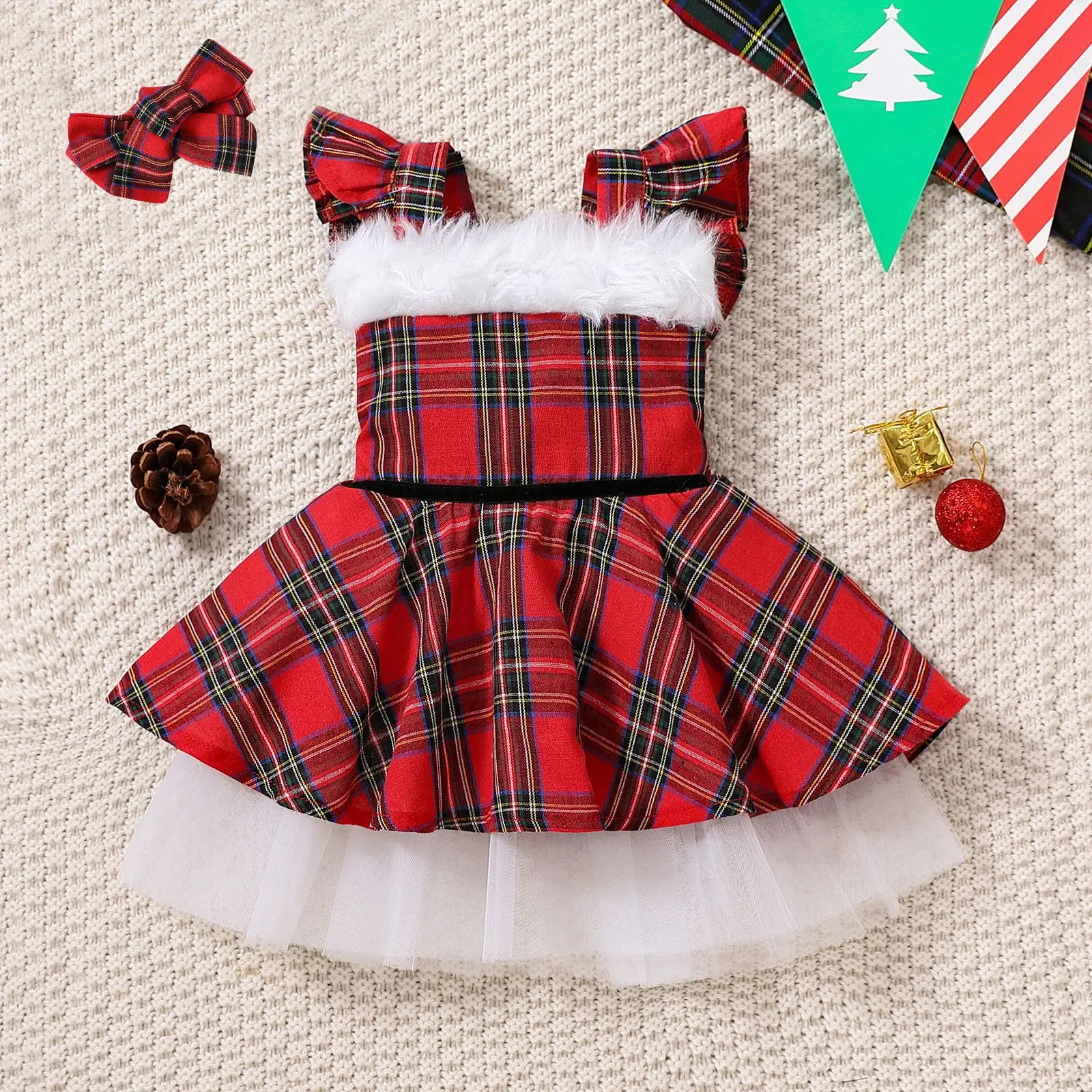

Toddler Baby Girls Sweet Christmas Party Dress Girls Red Plaid Print Plush Mesh Patchwork Tulle Casual Dresses With Headwear